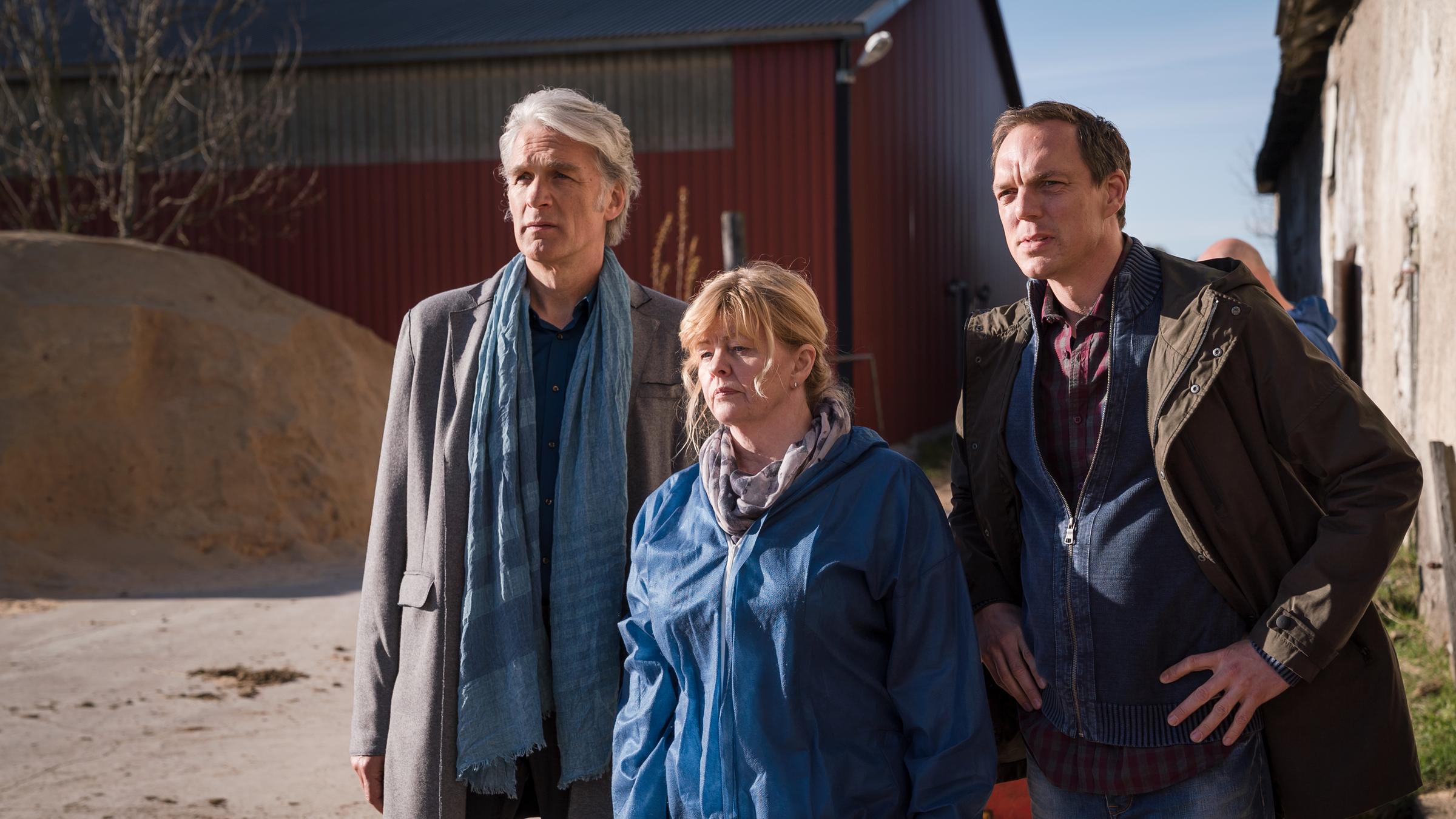 "Der Kommissar und das Meer - Der wilde Jack": Robert Anders (Walter Sittler), Ewa Swensson (Inger Nilsson) und Thomas Wittberg (Andy Gätjen) stehen auf einem Hof und schauen alle in eine Richtung.