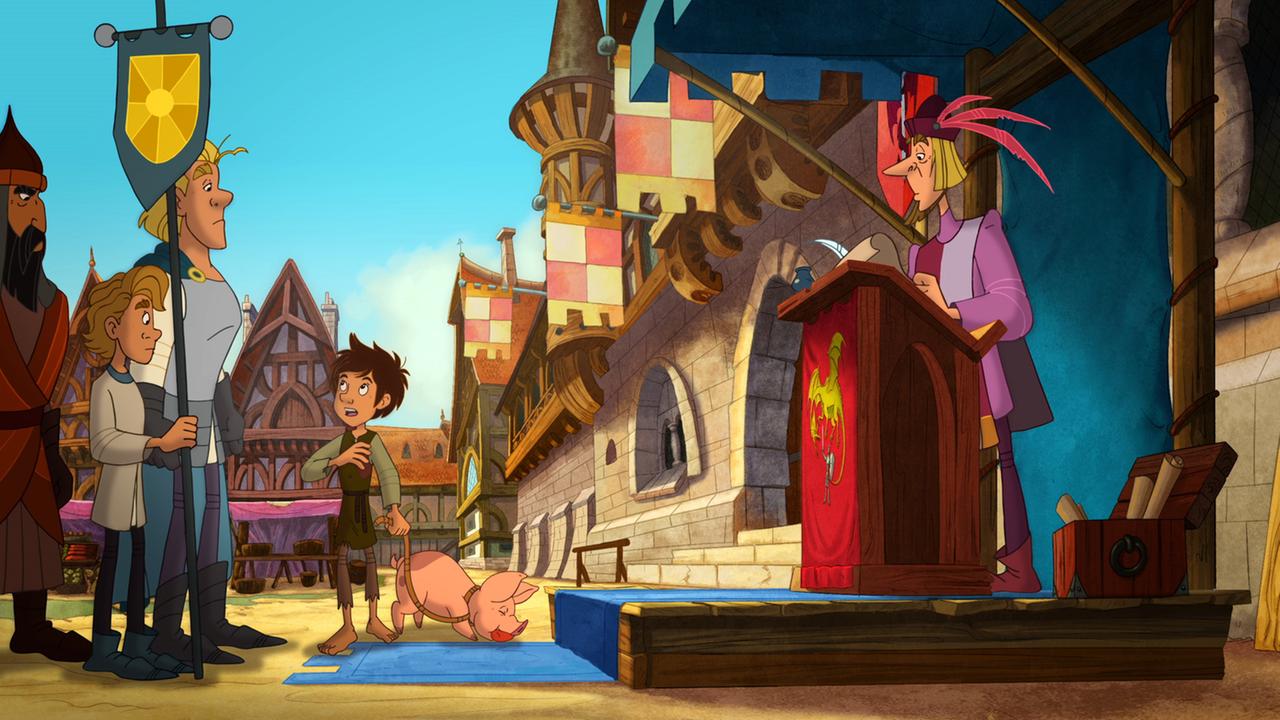  "Ritter Trenk": Auf der rechten Seite steht an einem rot geschmückten Pult, leicht erhöht, in mittelalterlicher Fürstenuniform ein Schreiber. Ihm gegenüber wartet links eine Schlange von Turnierbewerbern, wobei jeweils ein Ritter und ein Page an ihrem Burgwimpel stehen. Alle schauen auf einen Jungen mit einem Schweinchen in der Mitte. Der Junge stellt sich gerade mit großer Geste vor. Im Hintergrund sieht man eine fahnengeschmückte Zeile mittelalterlicher Häuser, die einen Platz umgeben.