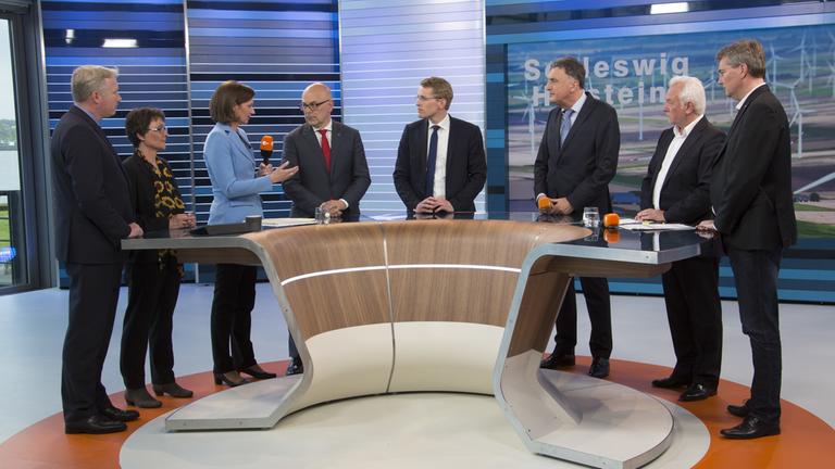 "Wahlen in Schleswig Holstein am 07.05.2017": Jörg Nobis, Monika Heinhold, Bettina Schausten, Torsten Albig, Daniel Günther, Hermann Bernd, Wolfgang Kubicki, Jörg Meuthen im Studio