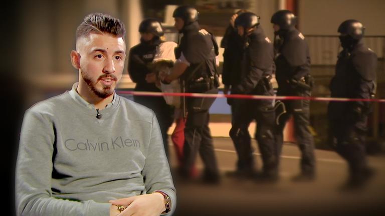 "Der Gefährder - Ein Islamist packt aus": Links im Bild Eren R. Im Hintergrund eine Aufnahme, die seine Festnahme durch das SEK dokumentiert.
