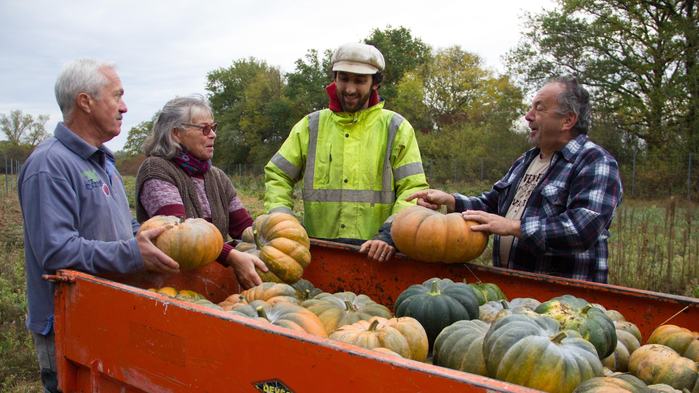 "plan b: Weniger ist mehr - Vom Glück anders zu wirtschaften": Landwirt Jean-Sébastien Cuisnier und drei Freiwillige stehen vor einer Ladefläche, die mit Kürbissen beladen ist.