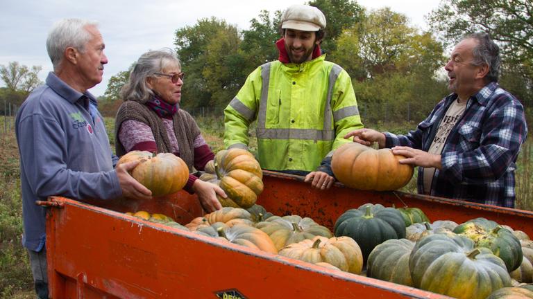 "plan b: Weniger ist mehr - Vom Glück anders zu wirtschaften": Landwirt Jean-Sébastien Cuisnier und drei Freiwillige stehen vor einer Ladefläche, die mit Kürbissen beladen ist.