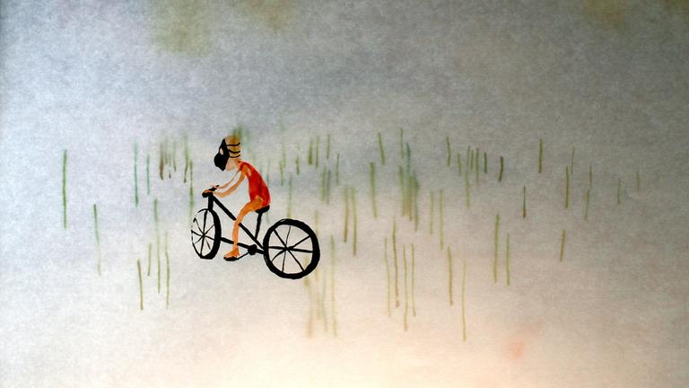 "Water Marks": Eine skizziertes farbiges Aquarellbild: Ein Kind mit einer Gasmaske auf dem Kopf fährt auf einem Fahrrad über eine Wiese.