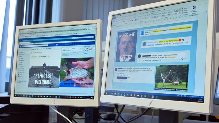 "ZDFzoom: Mächtige Täter, hilflose Opfer? - Was tun bei Hetze im Netz": Zwei Bildschirme mit Beispielen für Hass-Postings.