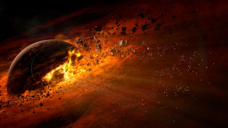 "Terra X: Der Mond - unser magischer Trabant": Computeranimation eines glühenden Planeten, der durch die Atmosphäre fliegt.
