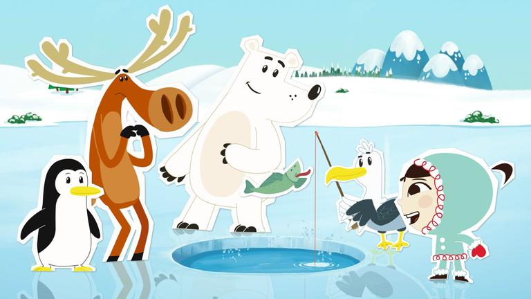 "Inui": Die Möwe Arnold hat Inui, Grumpel, Hubert und Lissy zum Fischen an einem Eisloch eingeladen.