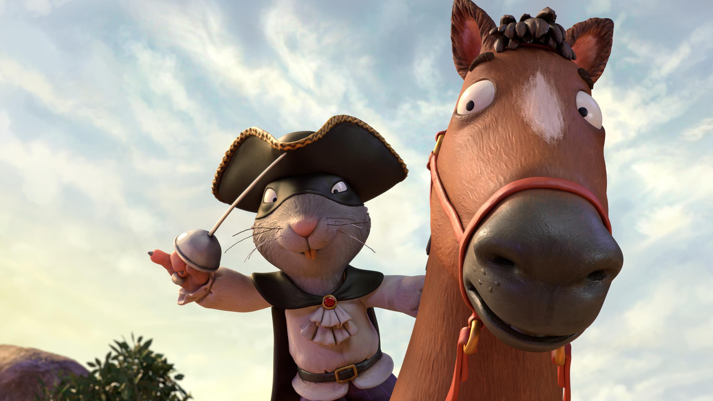 "Räuber Ratte": Räuber Ratte sitzt auf seinem braunen Pferd und  hat Beute  erspäht. Er beugt sich mit gezücktem Degen nach unten.