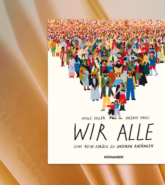 Das Buchcover von dem Bilderbuch "Wir alle". Darauf sind ganz viele bunt gemalte Menschen zu sehen und der Titel.