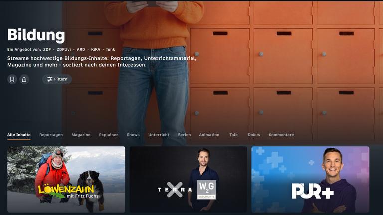 Screenshot Rubrik "Bildung" im ZDF-Streamingportal