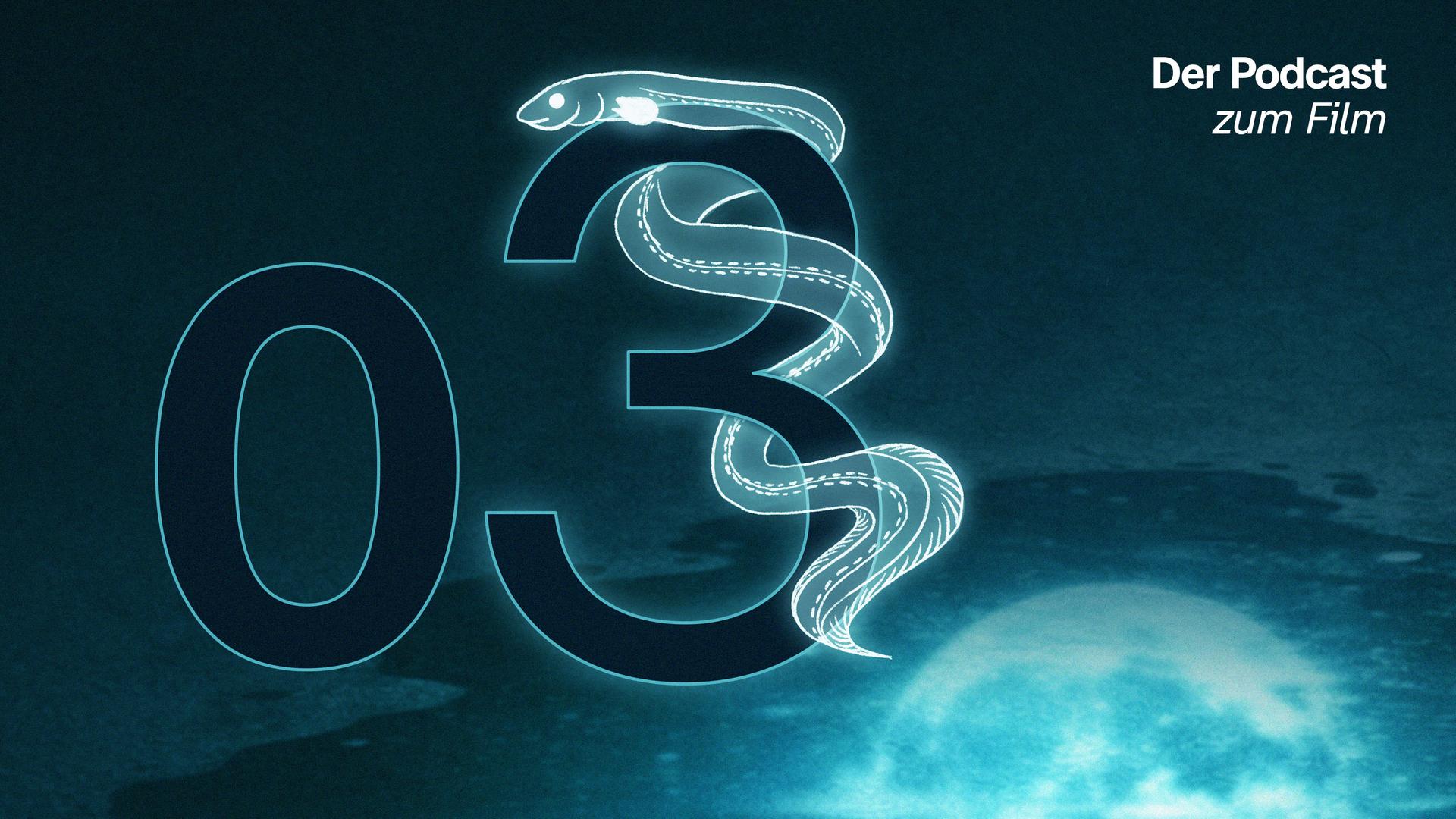 Eine große Drei, um die sich ein gezeichneter Aal windet