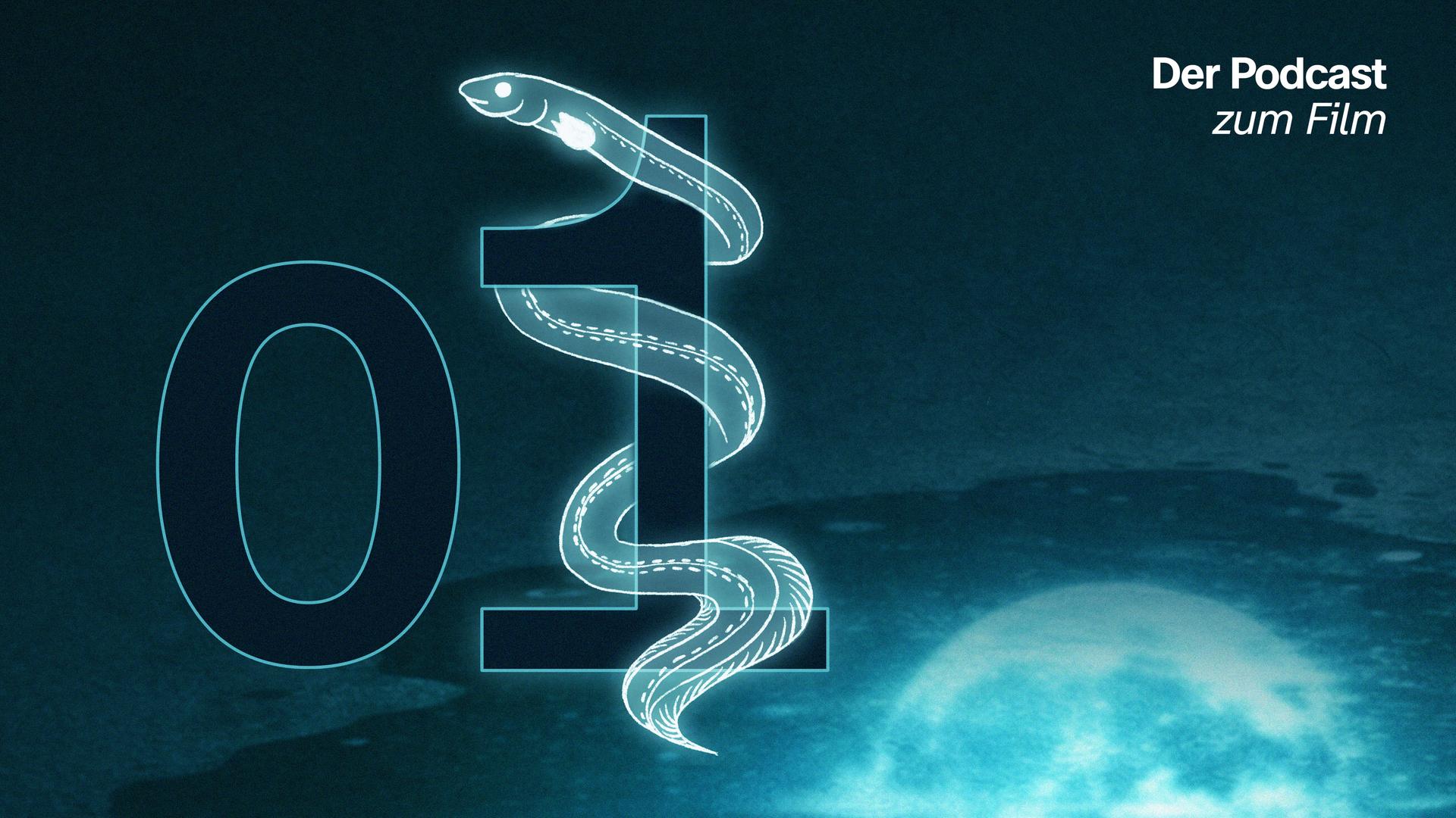 Eine große Eins, um die sich ein gezeichneter Aal windet