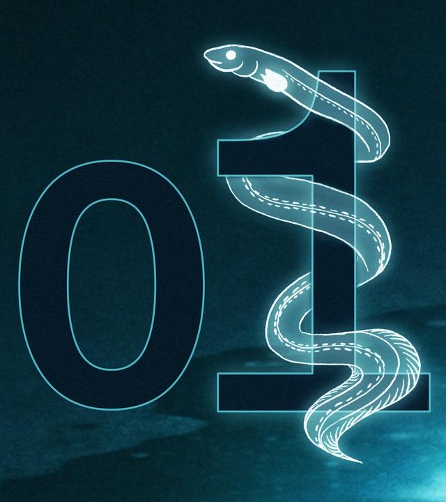 Eine große Eins, um die sich ein gezeichneter Aal windet