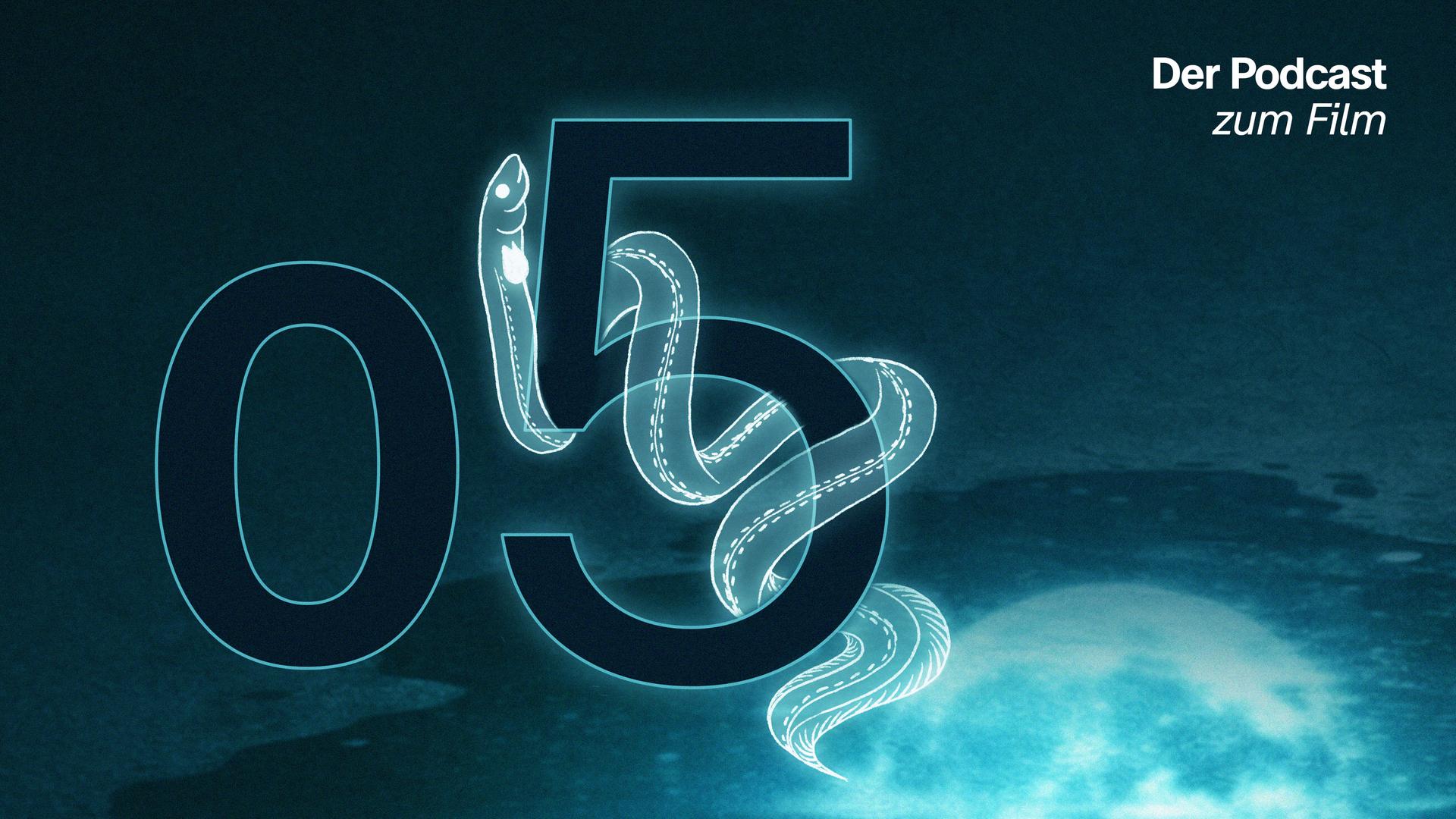 Eine große Fünf, um die sich ein gezeichneter Aal windet