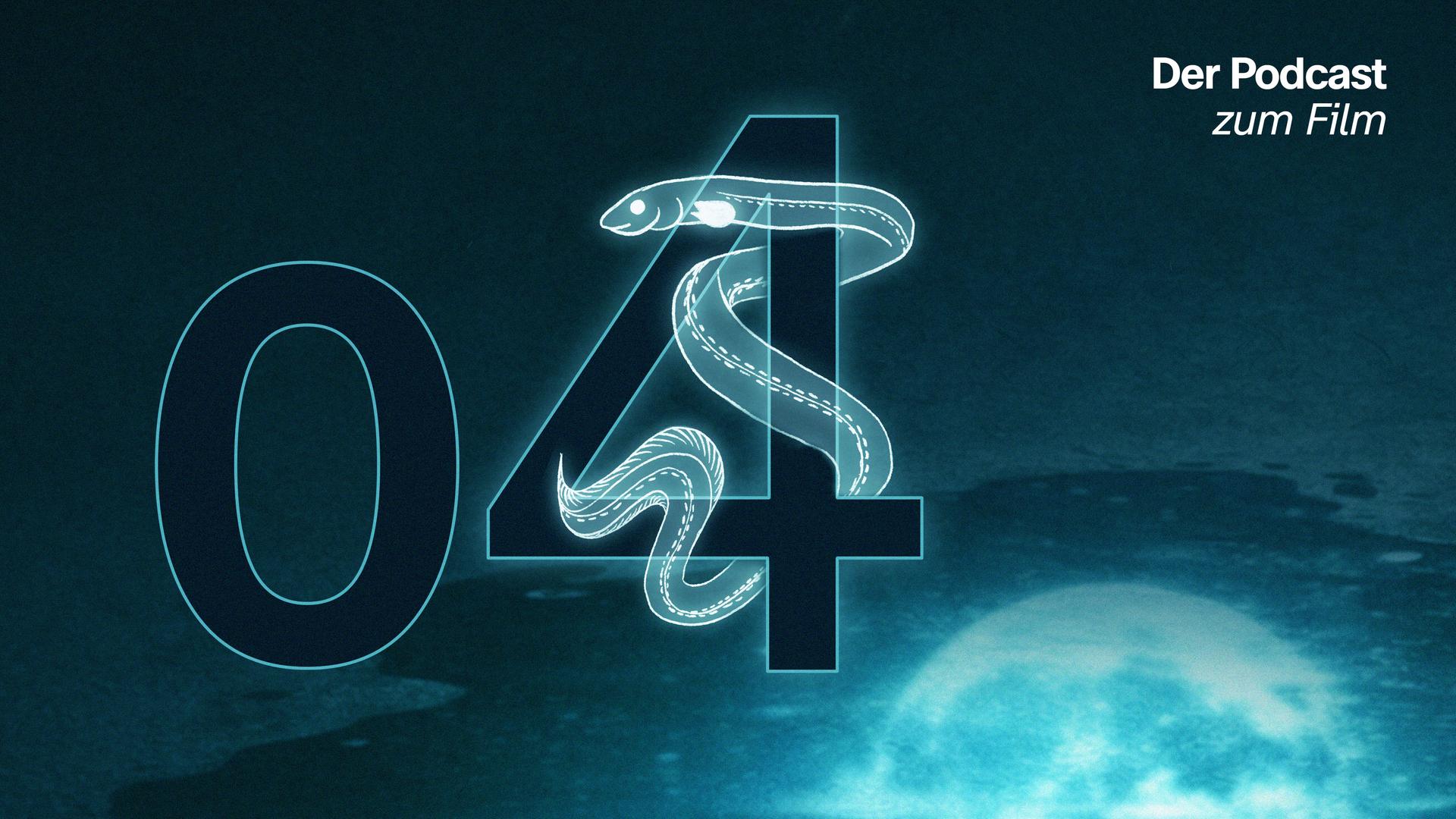 Eine große Vier, um die sich ein gezeichneter Aal windet