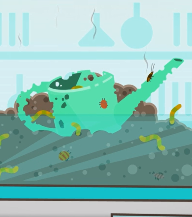 Eine Gießkanne liegt auf dem Komposthaufen und wird von Würmern zersetzt.