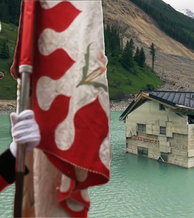Das Bild zeigt mehrere Häuser, die teilweise im Wasser stehen. Es gibt zwei Häuser, von denen eines deutlich ausgeprägte Wände hat, die aus Beton oder ähnlichen Materialien bestehen. Das andere Haus sieht etwas moderner aus, mit einem Satteldach und großen Fenstern.   Das Wasser ist klar und hat eine grüne Färbung. Im Hintergrund sind sanfte Hügel und Berge zu sehen, die teilweise bewaldet sind. Der Himmel ist bewölkt, was eine trübe Stimmung vermittelt. Am Ufer sind geröllige Flächen zu erkennen, die auf Erdrutsch oder Bergbau hindeuten. Es gibt keine Personen oder Tiere im Bild, außer einen Mann der im Vordergrund zu sehen ist.