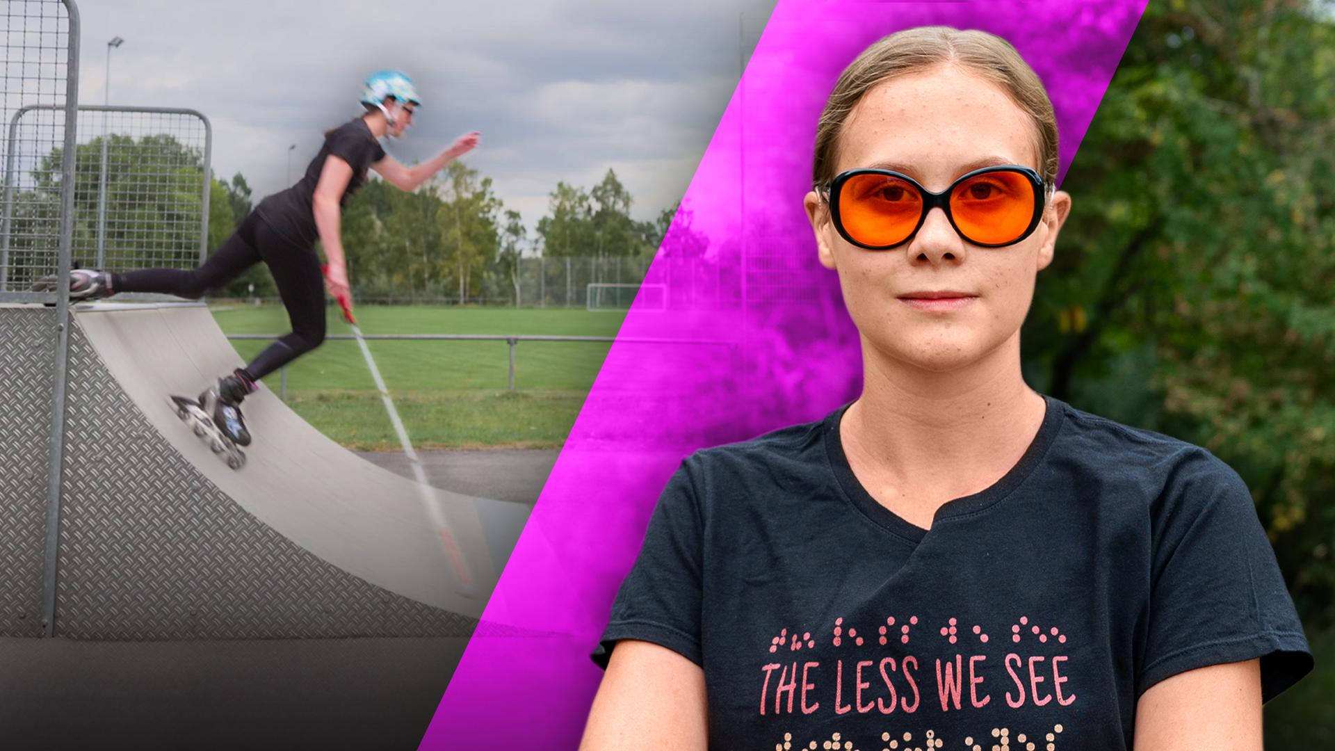 Auf der rechten Seite ist eine junge Frau zu sehen. Sie trägt eine rote Brille. Auf der linken Seite fährt die junge Frau mit Rollschuhen und hat einen Blindenstock in der Hand.