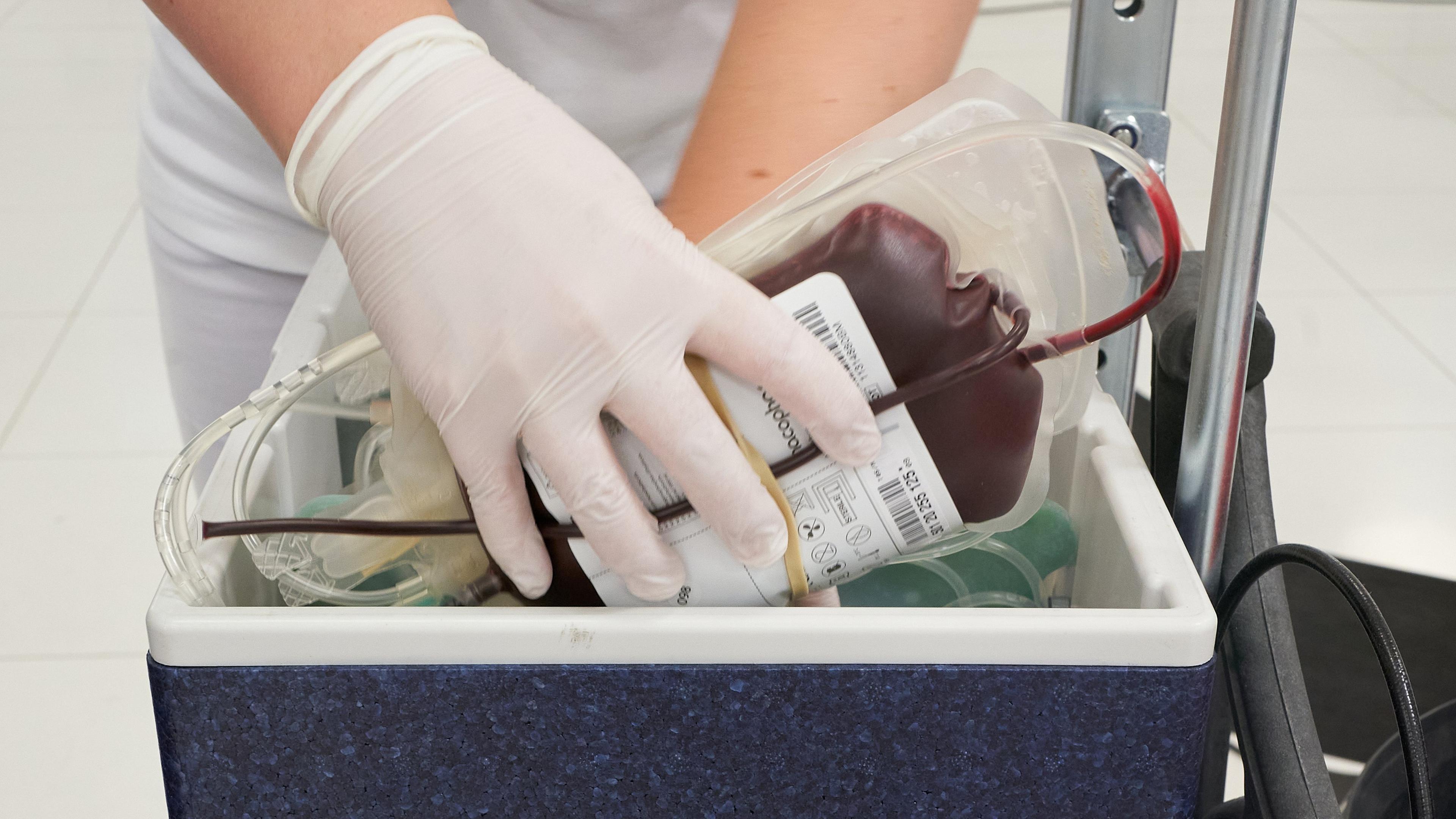 Rheinland-Pfalz, Koblenz: Ein Mitarbeiter des DRK-Blutspendedienstes verstaut eine Blutkonserve in einem Kühlbehälter. Archivbild
