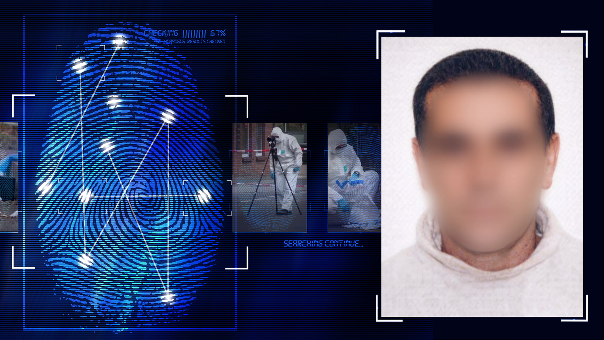 Portraitfoto eines Mannes, ca. 40 Jahre alt vor weißem Hintergrund. Er trägt einen hellen Kaputzenpulli, hat kurze schwarze Haare und schaut Richtung Kamera. Sein Gesicht wurde technisch verfremdet. Links daneben: Lichtschematische Darstellung eines Fingerabdrucks.