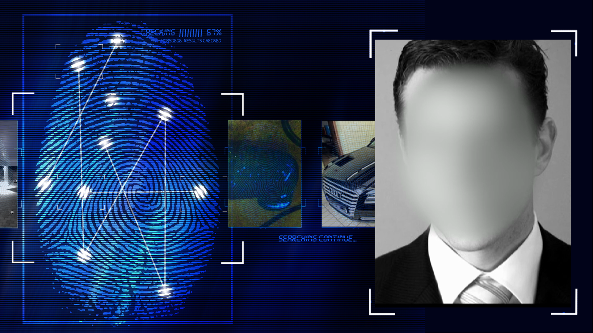 Schwarzweißportraitfoto eines Mannes mit kurzen schwarzen Haaren. Das Gesicht wurde technisch verfremdet. Er trägt einen im Anschnitt erkennbaren Anzug mit gestreifter Krawatte. Links daneben: Lichtschematische Darstellung eines Fingerabdrucks.