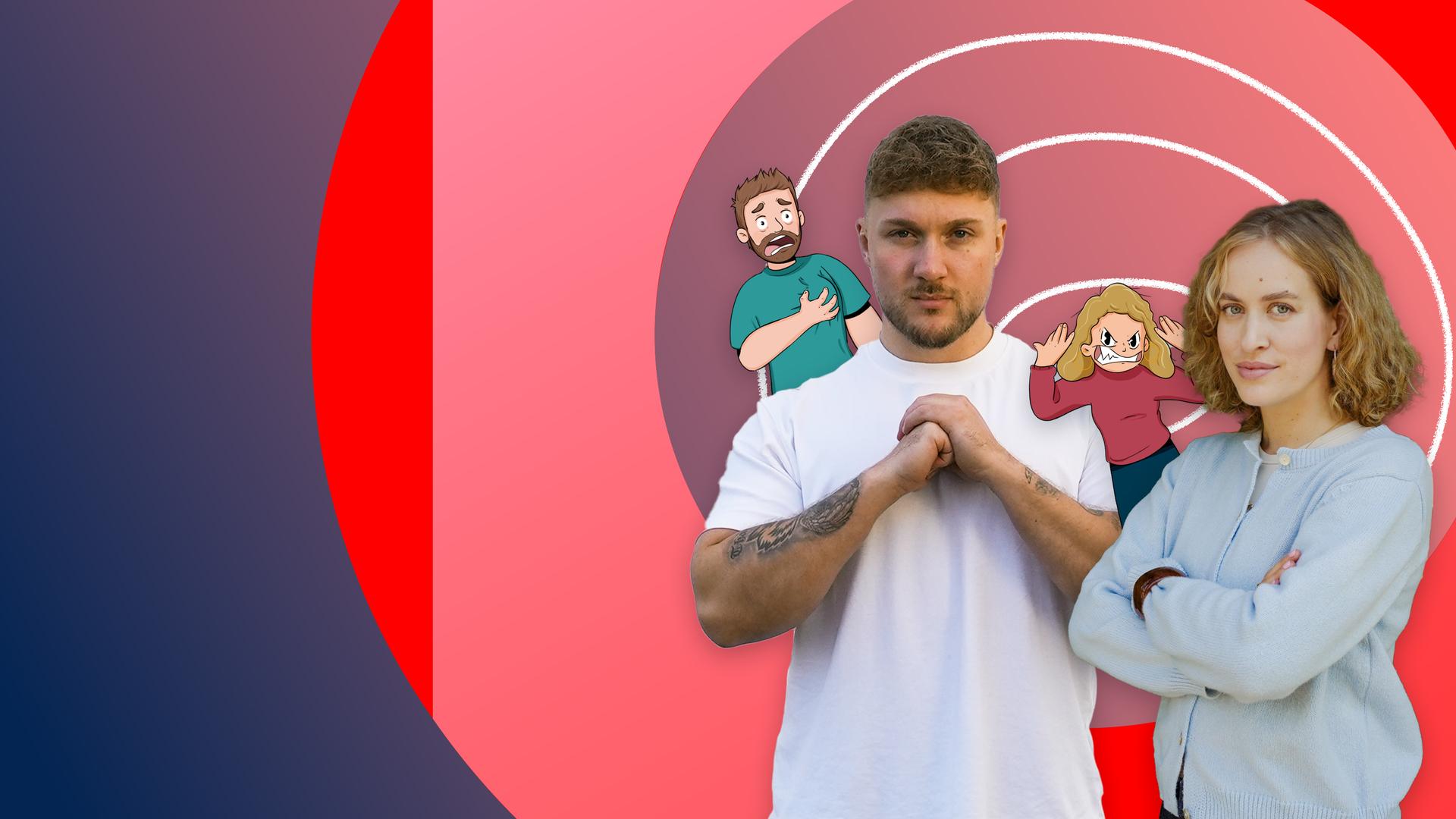 Ein junger Mann und eine junge Frau mit verschränkten Armen vor einem grafischen Hintergrund mit zwei Comic-Avataren