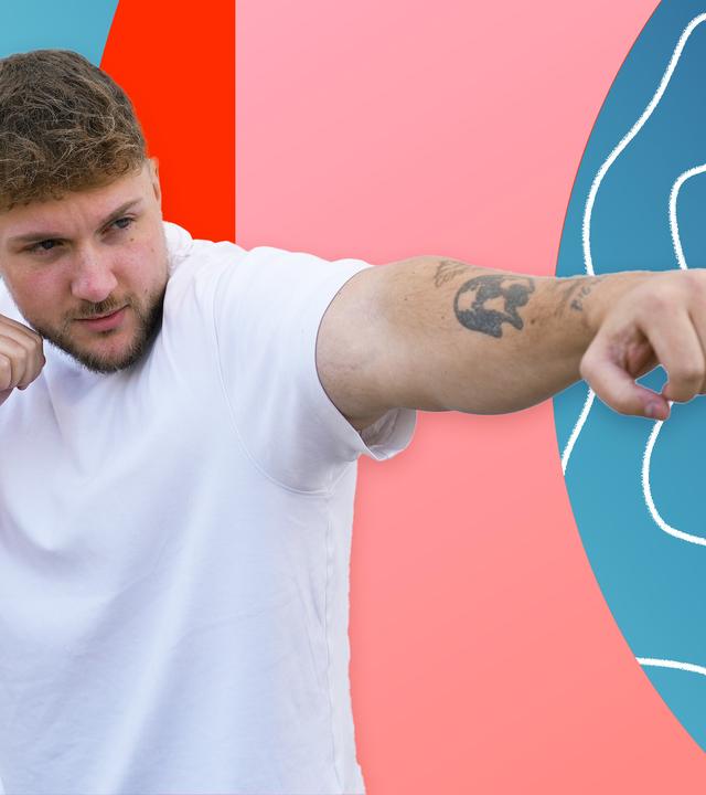 Ein junger Mann mit kämpferischer Haltung im Vordergrund, im Hintergrund sein Comic-Avatar in ängstlicher Haltung