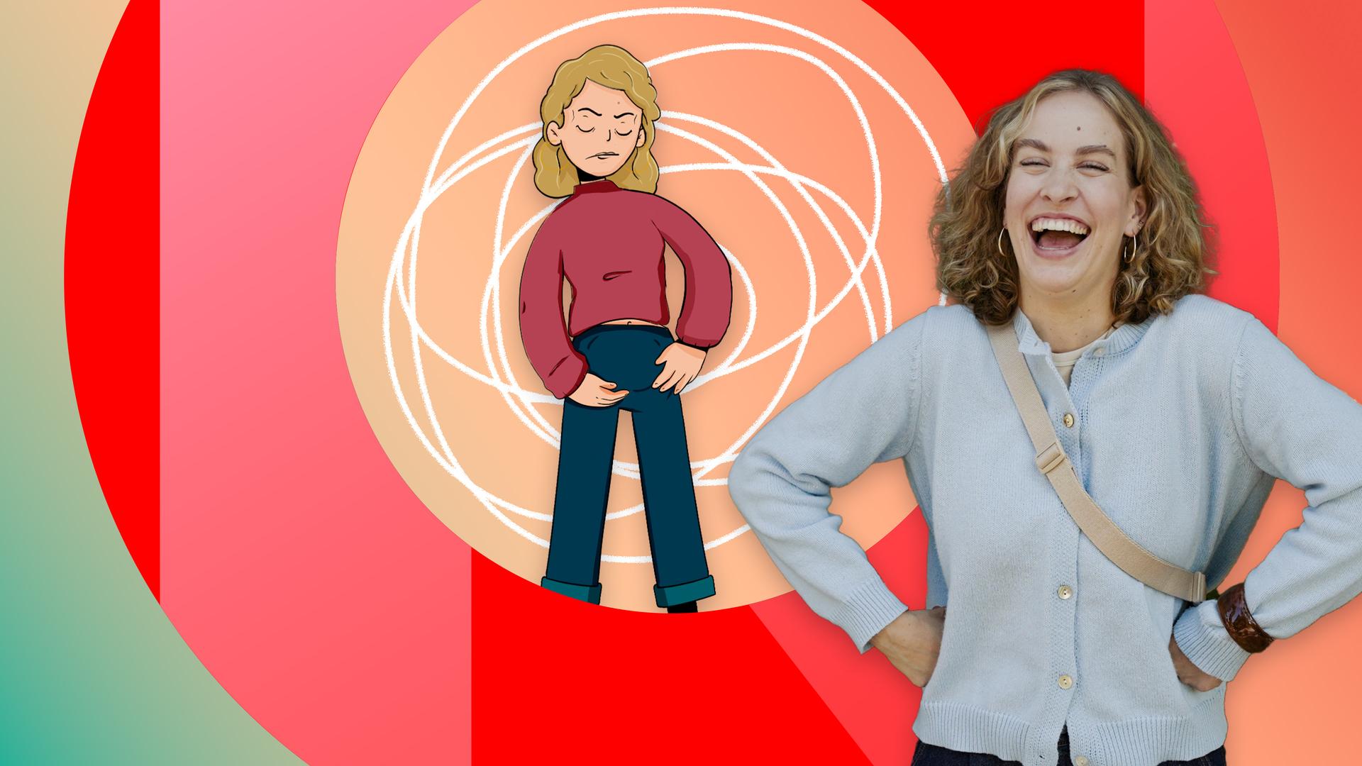 Eine lachende junge Frau im Vordergrund, im Hintergrund ihr Comic-Avatar mit aufgeblähtem Bauch mit niedergeschlagenem Ausdruck