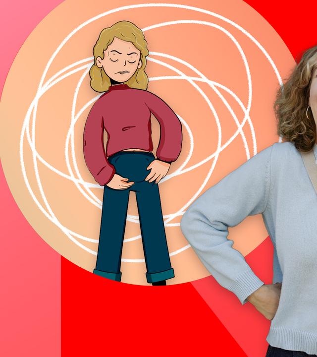 Eine lachende junge Frau im Vordergrund, im Hintergrund ihr Comic-Avatar mit aufgeblähtem Bauch mit niedergeschlagenem Ausdruck