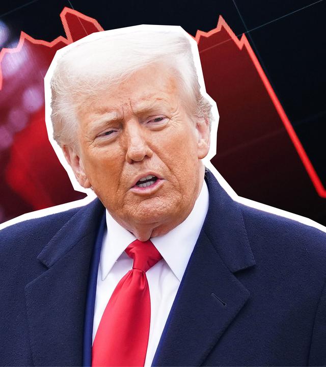 US-Präsident Donald Trump ist vor einer Grafik eines fallenden Aktienkurses zu sehen. 