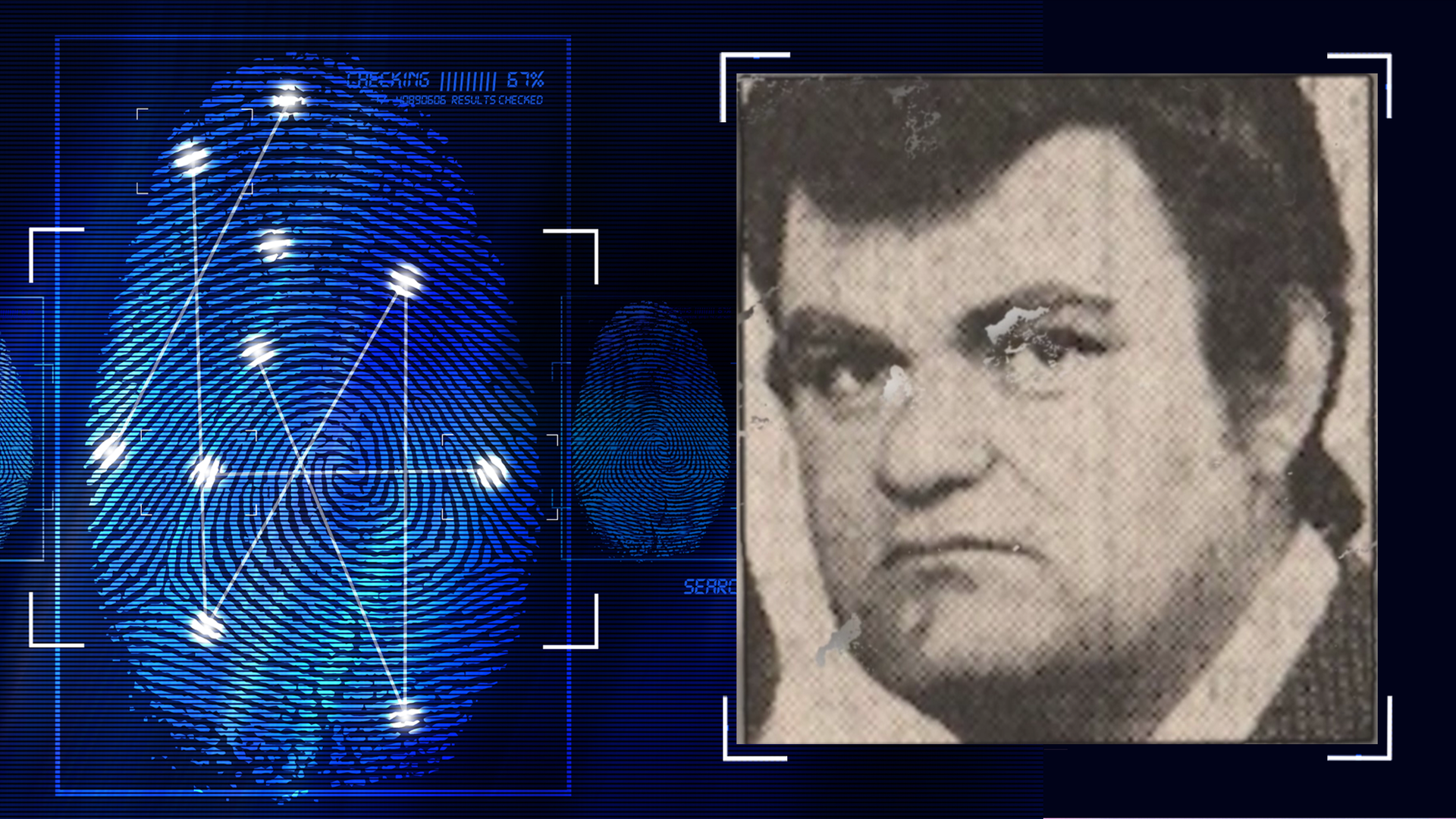 Portraitfoto aus der Zeitung. Ein Mann, ca 50 Jahre. Dunkle Haare  - schaut skeptisch in die Kamera. Links daneben: Lichtschematische Darstellung eines Fingerabdrucks.