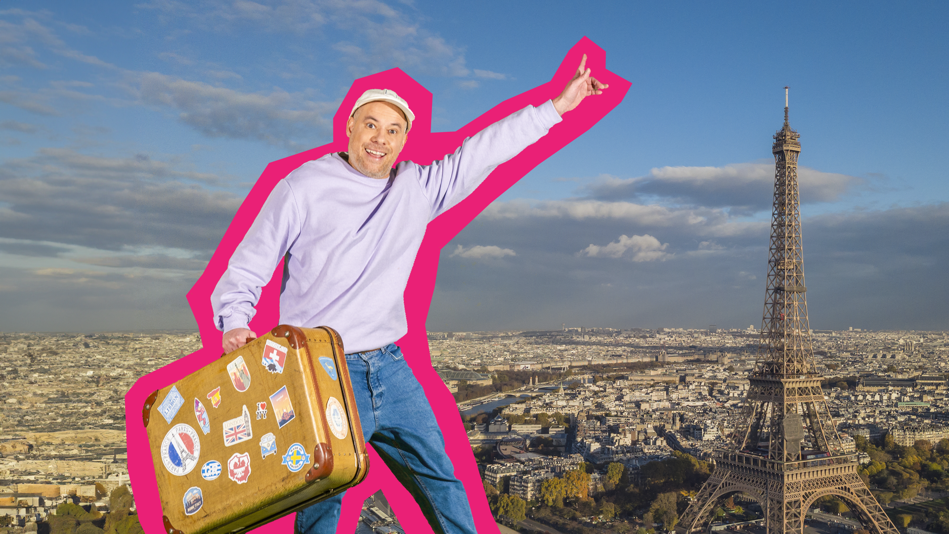 Auf dem Foto ist das pink umrandete Bild vom Sänger Tobi Polar zu sehen, der einen braunen Koffer in der Hand hält und seinen Zeigefinger ausstreckt. Im Hintergrund sieht man eine Luftaufnahme von Paris, auf der zentral der Eiffelturm zu erkennen ist.