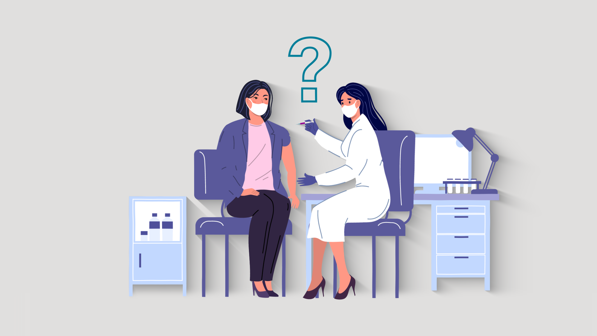 Auf der Illustration sind zwei Frauen zu sehen. Eine Frau, die eine Corona-Impfung erhalten soll und eine Ärtzin mit einer Spritze in der Hand. Über den beiden Frauen steht ein Fragezeichen.