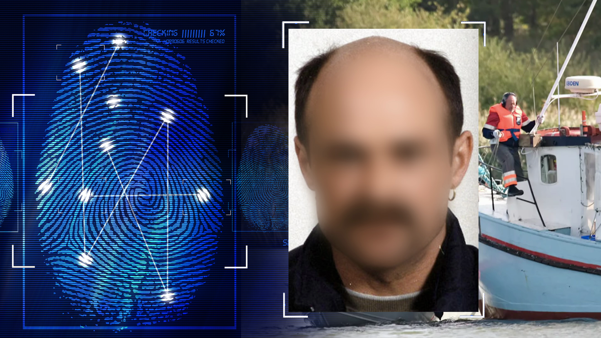 Portraitfoto eines Mannes mit Schnauzer und Halbglatze. Der Mann hat schwarzes Haar und ist mittelalt. Sein Gesicht wurde im Bild technisch verfremdet. Im Hintergrund steht ein Mann in einem orangenen Schutzanzug an Bord eines kleinen Schiffes. Er trägt eine Schwimmweste. Links daneben: Lichtschematische Darstellung eines Fingerabdrucks.