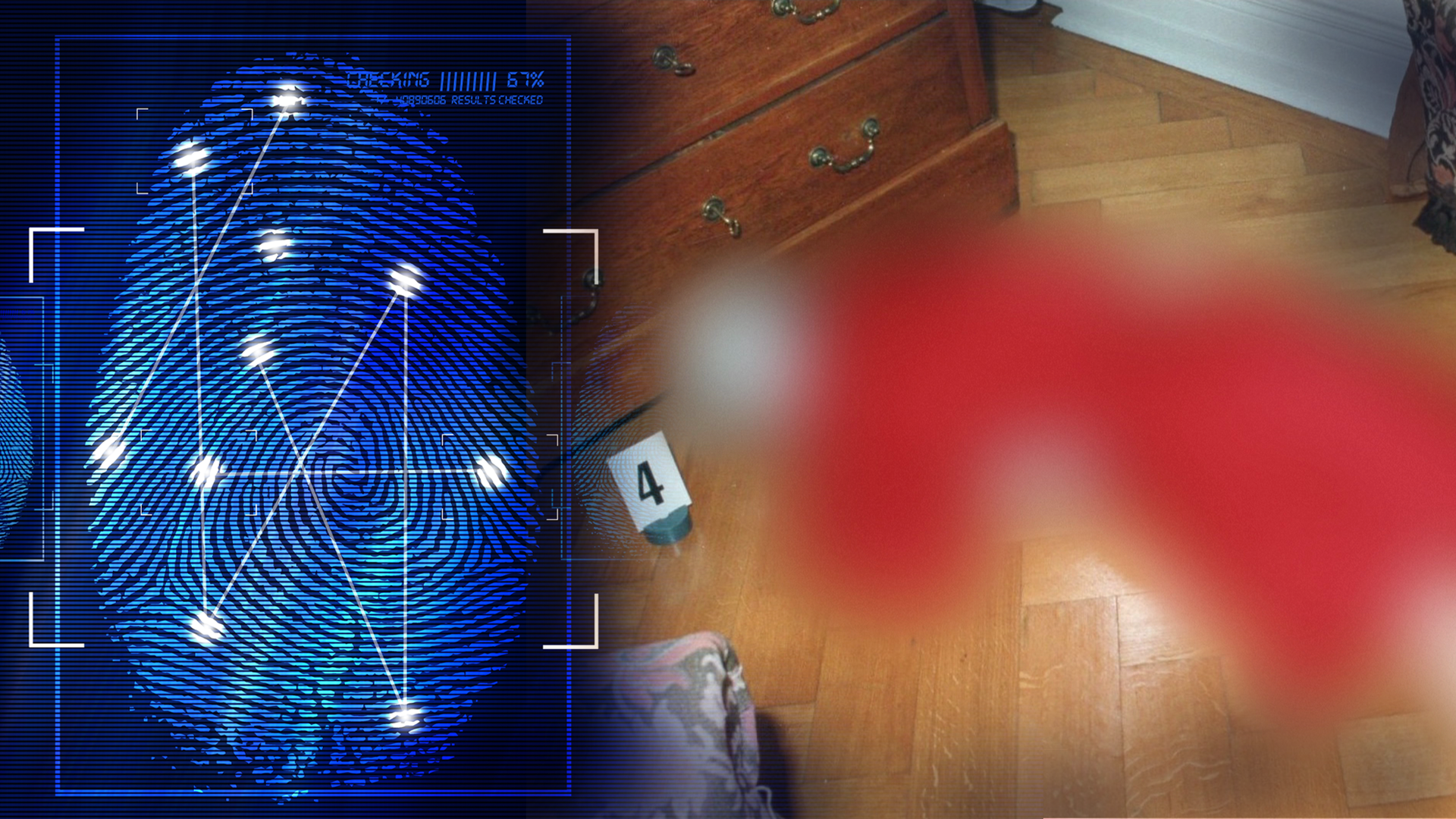 Eine Leiche (technisch verfremdet) in rotem Bademantel liegt auf einem Parkettboden. In Hintergrund ein antiker Schrank mit drei Schubladen. Eine Markierung der Spurensicherung zeigt die Ziffer 4. Links daneben: Lichtschematische Darstellung eines Fingerabdrucks.