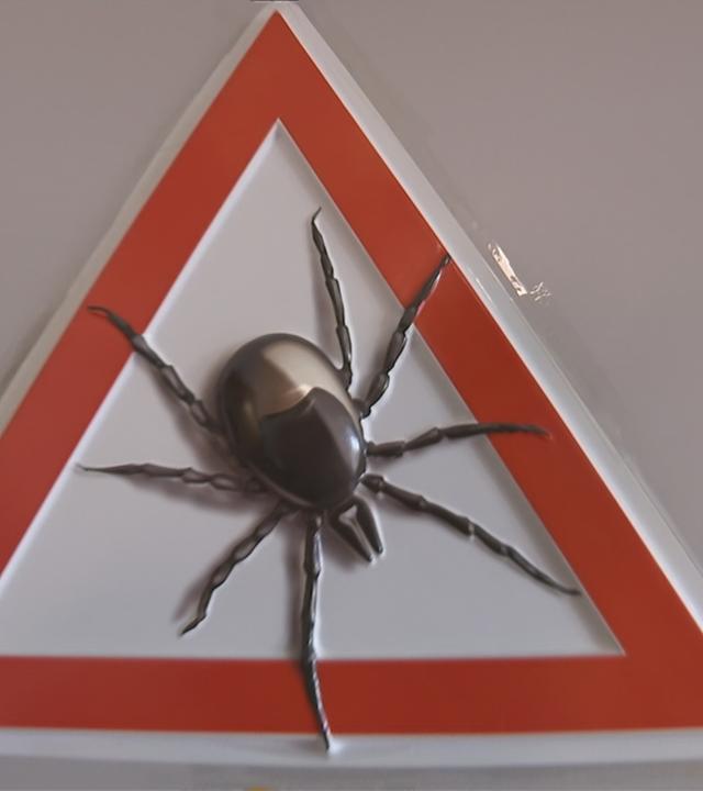 Eine Zecke als Symbol auf einem roten Schild