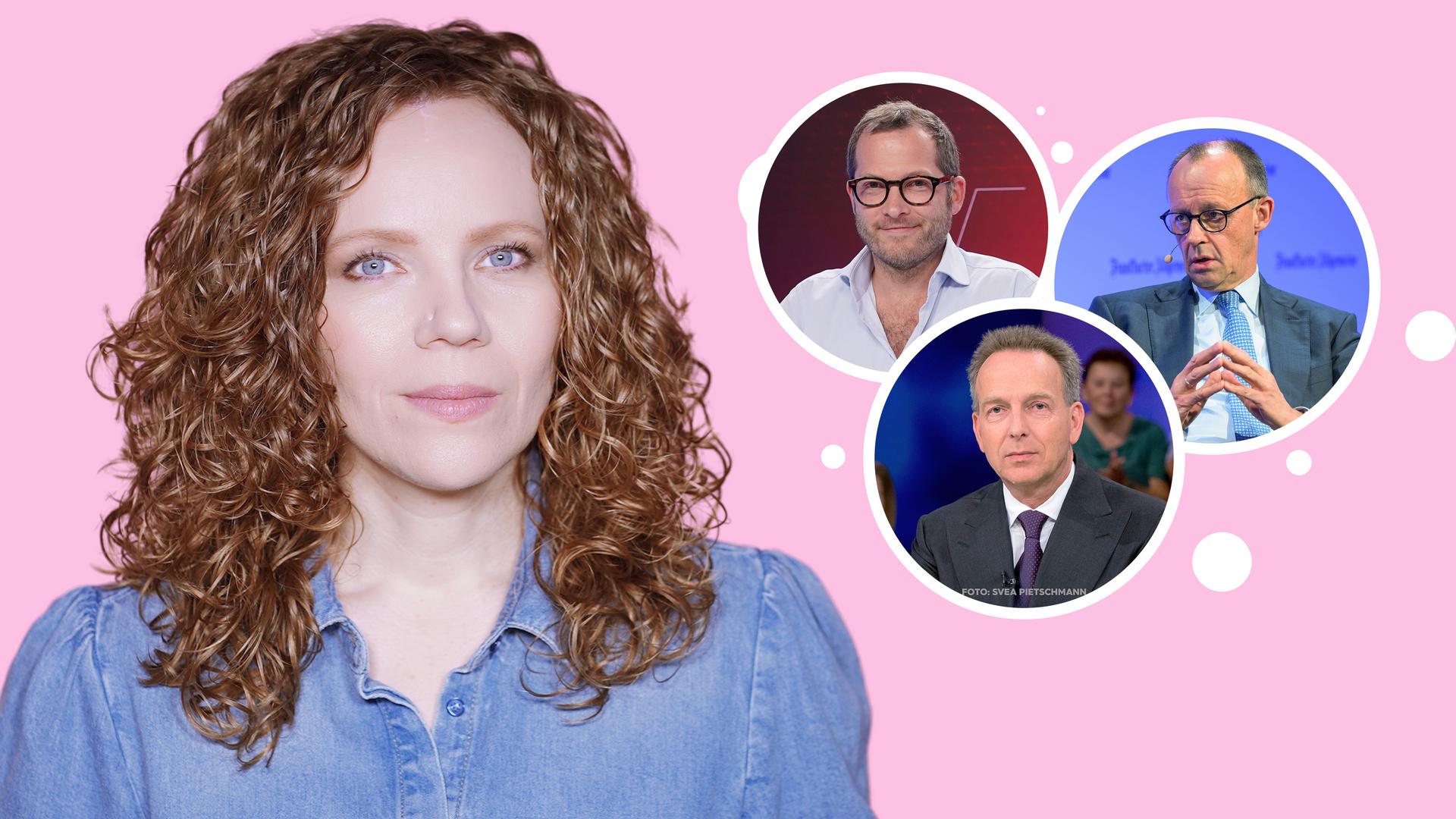 Sarah Bosetti vor rosafarbenem Hintergrund. Rechts neben ihr in drei Kreisen sind die Köpfe von Friedrich Merz, Julian Reichelt und Stefan Homburg abgebildet.