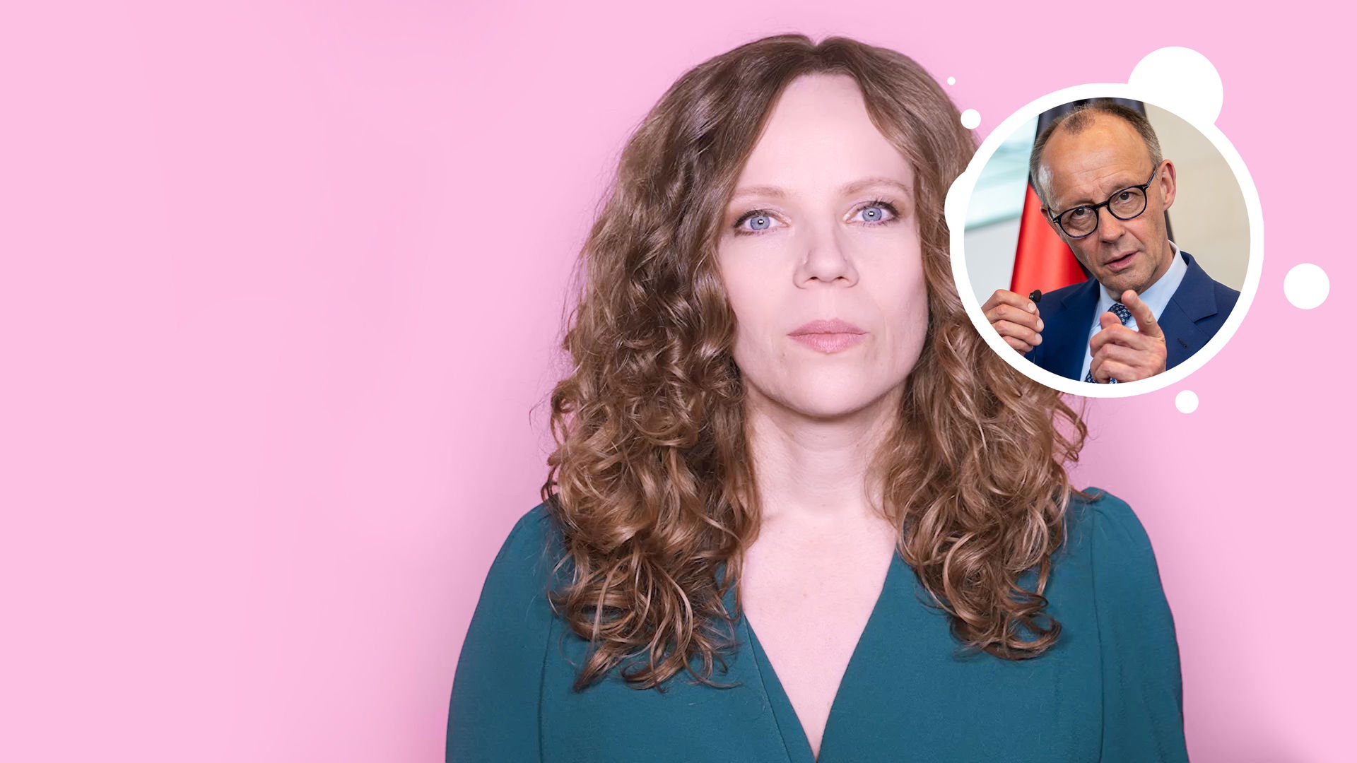 Sarah Bosetti befindet sich vor einem rosa Hintergrund. Rechts von ihr in einer Blase ist Friedrich Merz abgebildet.