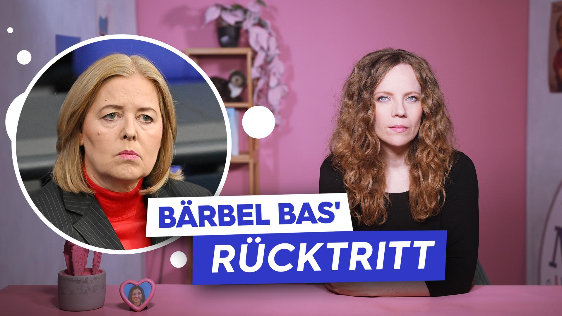 Sarah Bosetti sitzt rechts im Bild an einem rosa Tisch vor einem rosa Hintergrund. Links in einer Blase ist Bärbel Bas abgebildet. Darunter steht "Bärbel Bas‘ Rücktritt."
