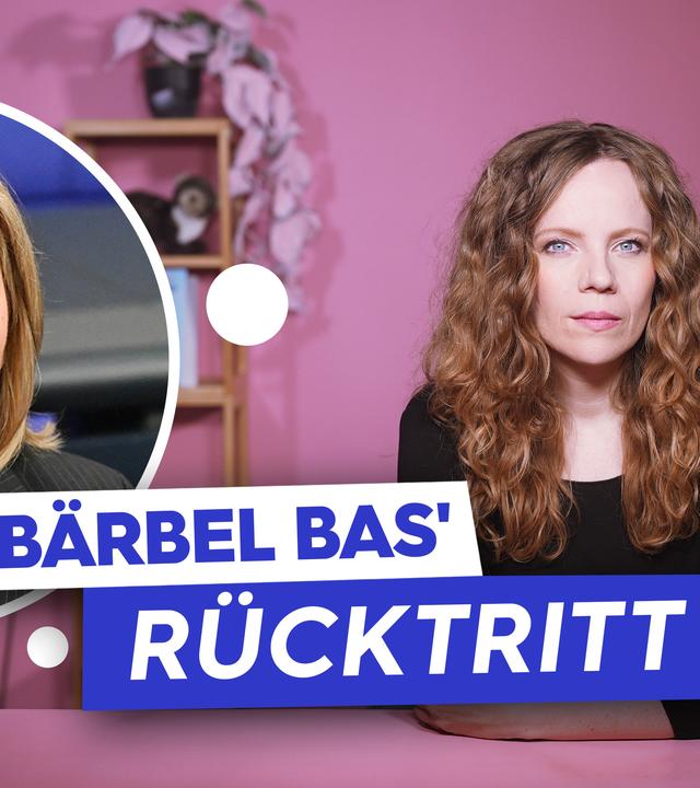 Sarah Bosetti sitzt rechts im Bild an einem rosa Tisch vor einem rosa Hintergrund. Links in einer Blase ist Bärbel Bas abgebildet. Darunter steht "Bärbel Bas‘ Rücktritt."