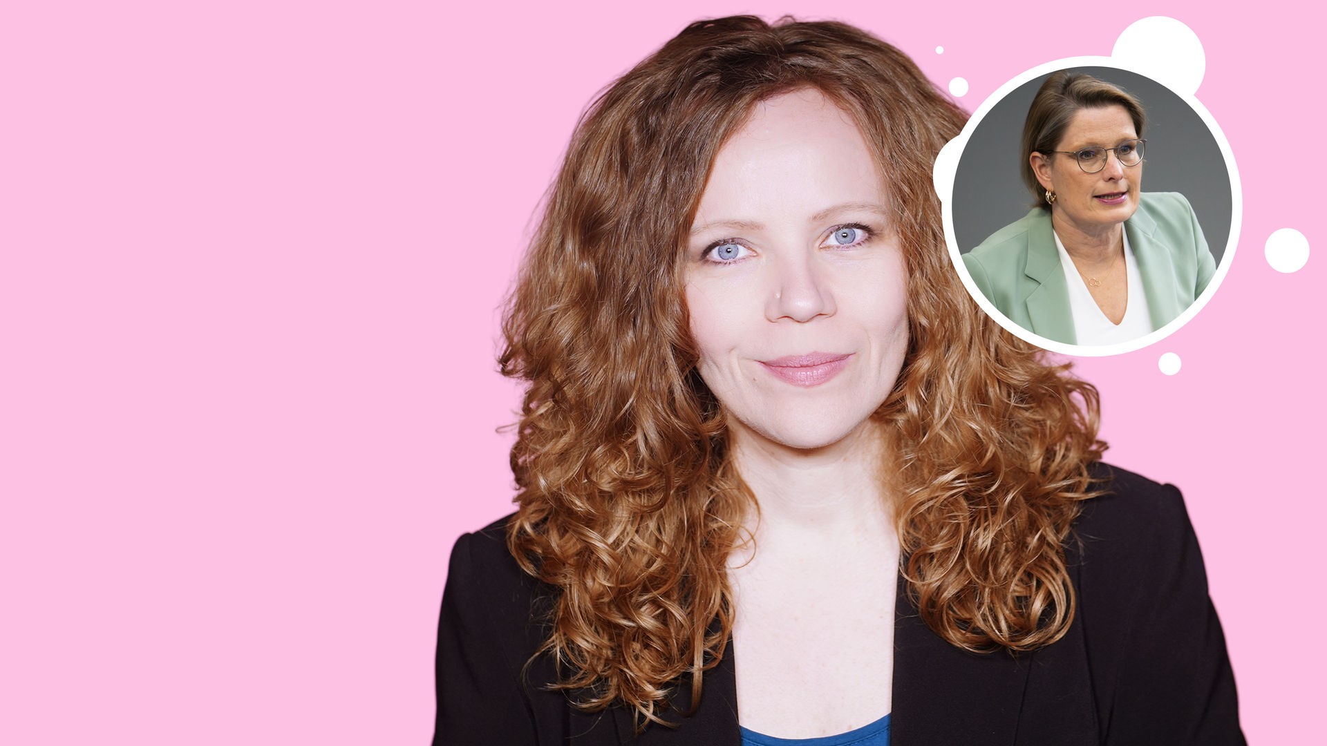 Sarah Bosetti befindet sich vor einem rosa Hintergrund. Rechts von ihr in einer Blase ist Bundesjustizministerin Stefanie Hubig abgebildet.