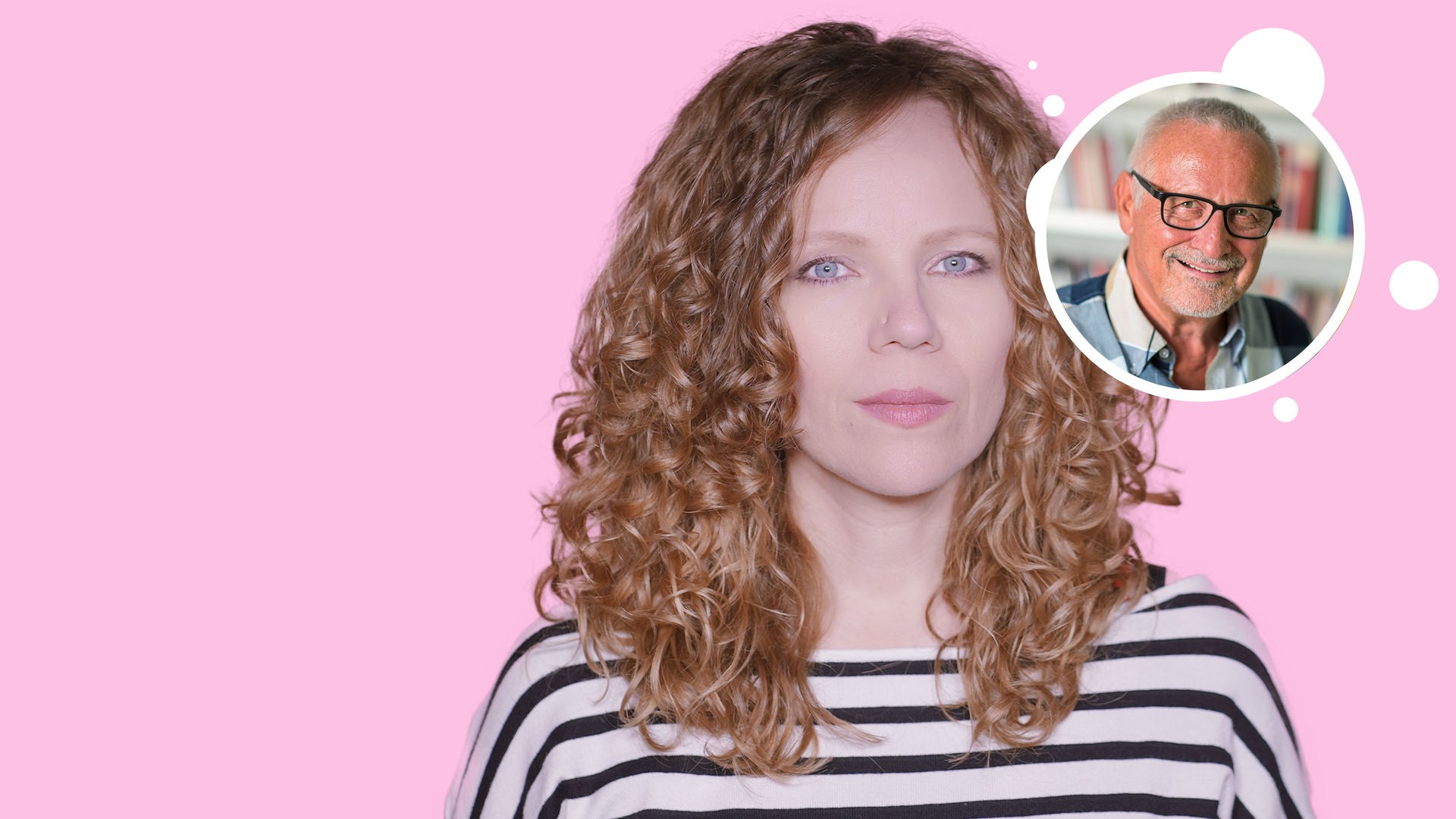Sarah Bosetti befindet sich vor einem rosa Hintergrund. Rechts von ihr in einer Blase ist Konstantin Wecker abgebildet.
