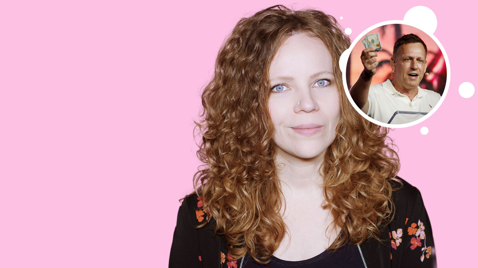Sarah Bosetti befindet sich vor einem rosa Hintergrund. Rechts von ihr in einer Blase ist Peter Thiel zu sehen, der in der rechten Hand mehrere Geldscheine nach oben hält.