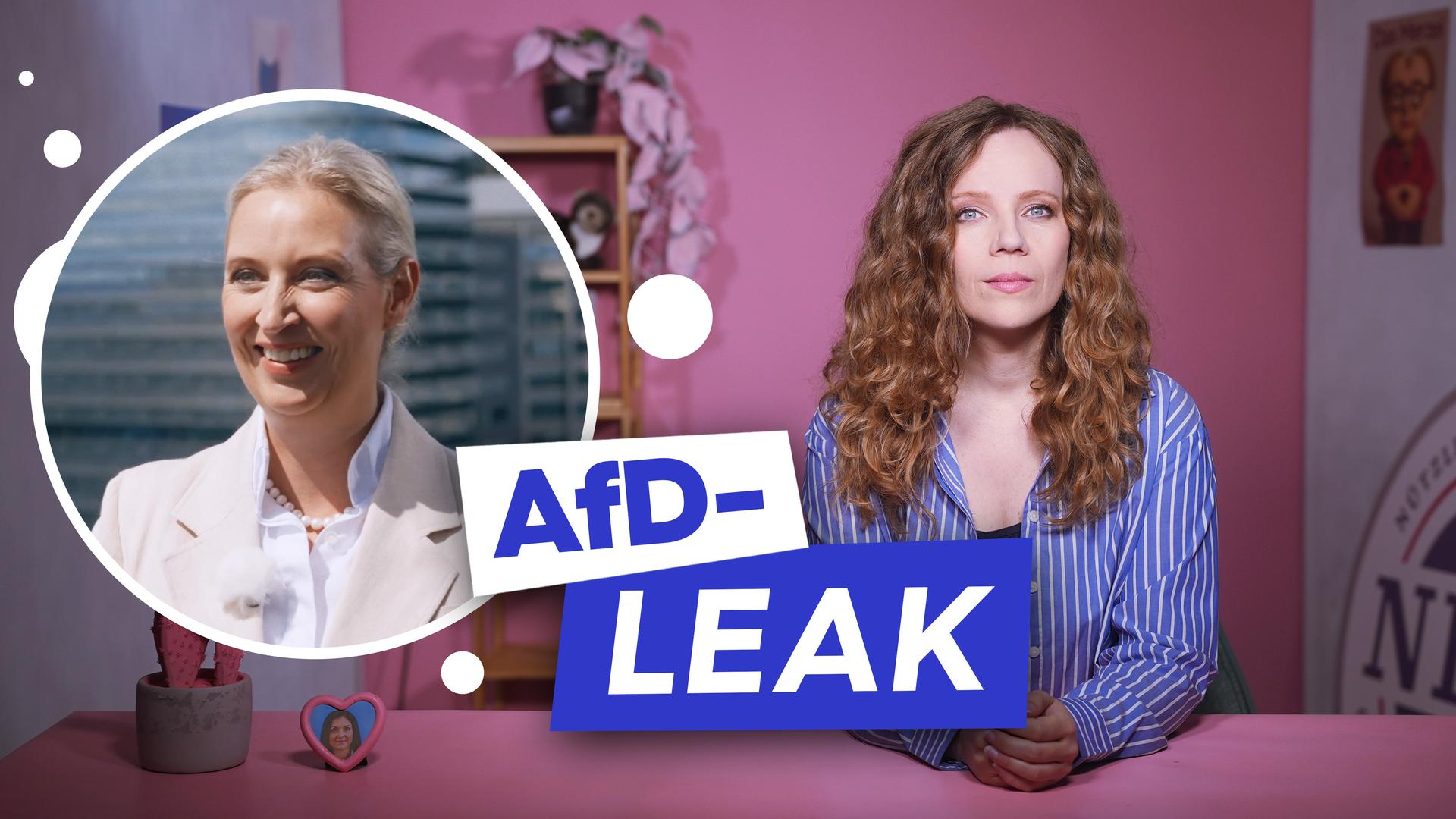 Sarah Bosetti sitzt rechts im Bild an einem rosa Tisch vor einem rosa Hintergrund. Links in einer Blase ist Alice Weidel abgebildet. Darunter steht "AfD-LEAK".