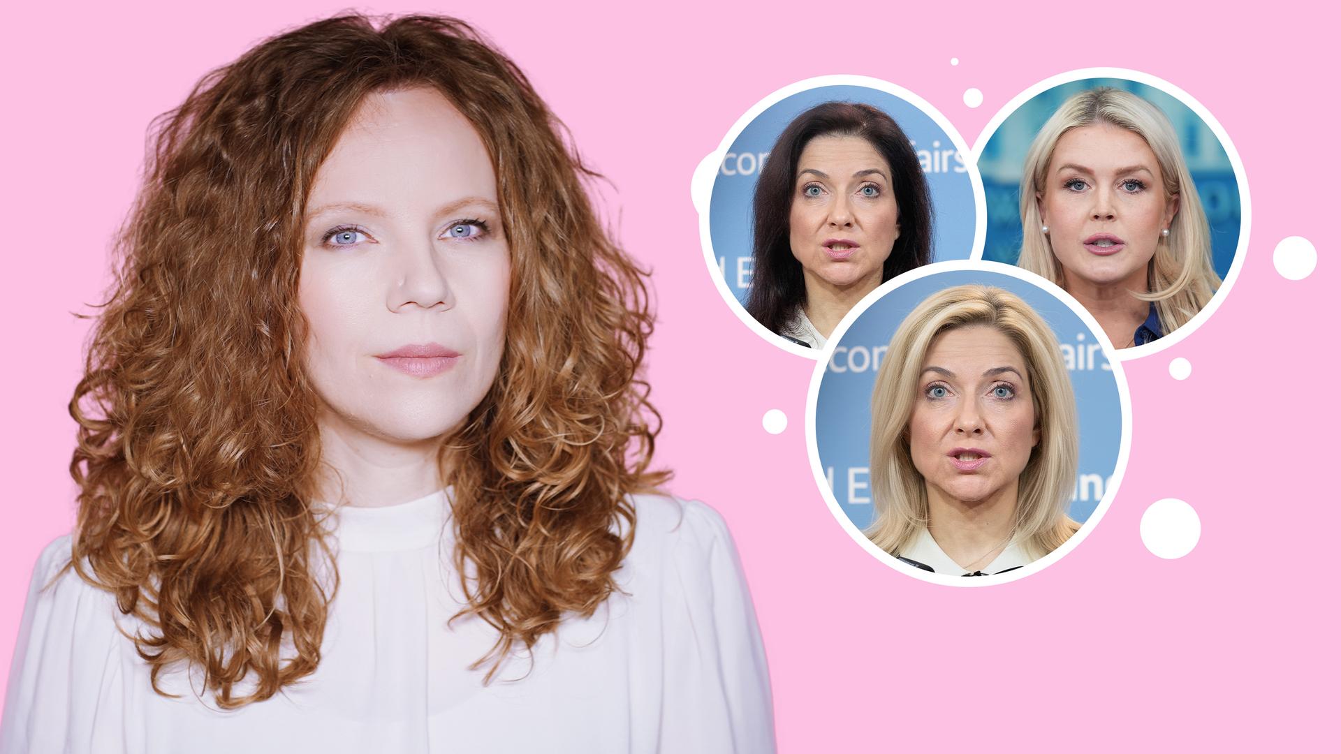 Sarah Bosetti befindet sich vor einem rosa Hintergrund. Rechts von ihr sind in drei Blasen Katherina Reiche, Karoline Leavitt sowie ein bearbeitetes Foto von Katherina Reiche mit blonden Haaren abgebildet.