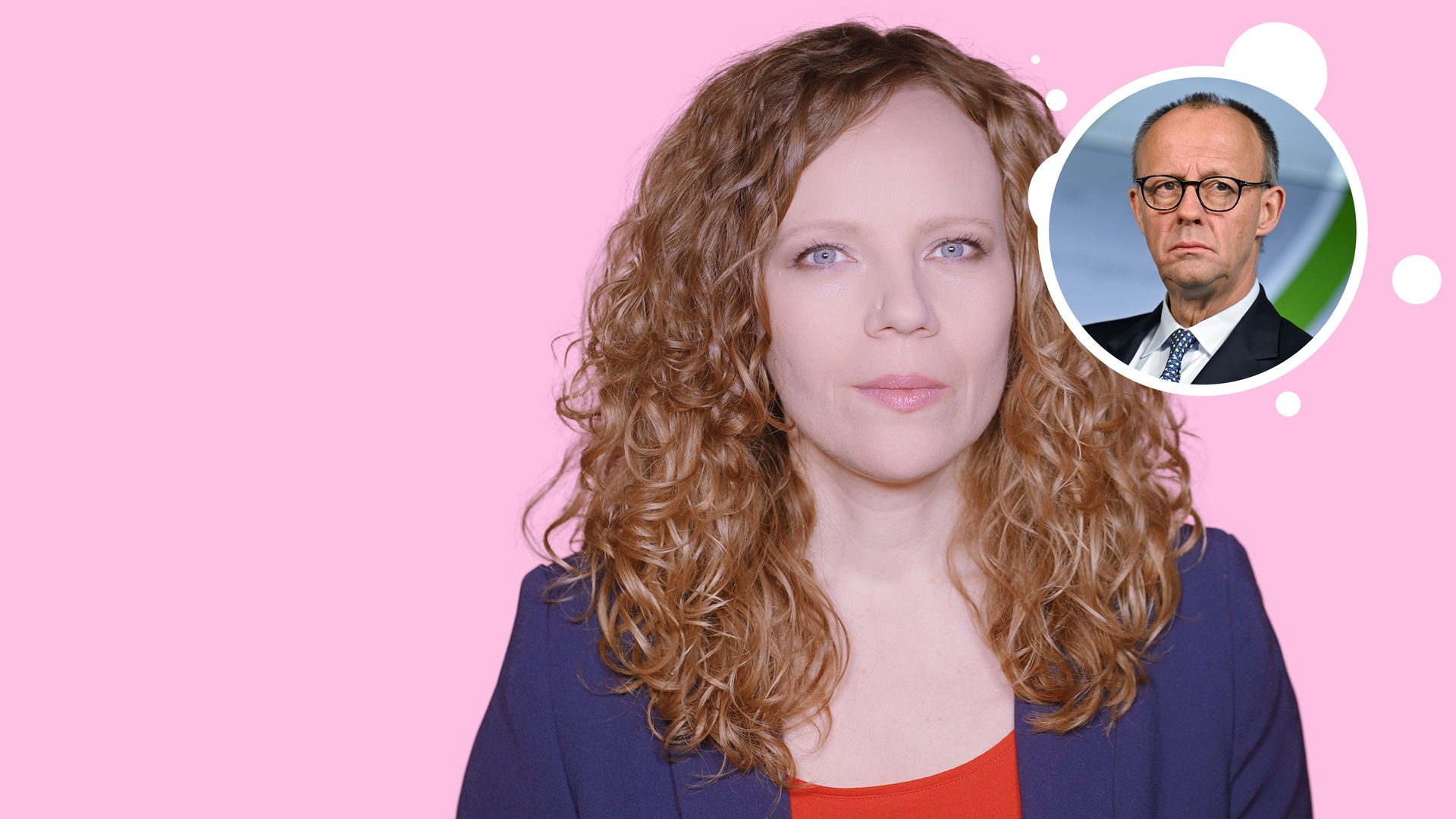 Sarah Bosetti befindet sich vor einem rosa Hintergrund. Rechts von ihr in einer Blase ist Friedrich Merz abgebildet.