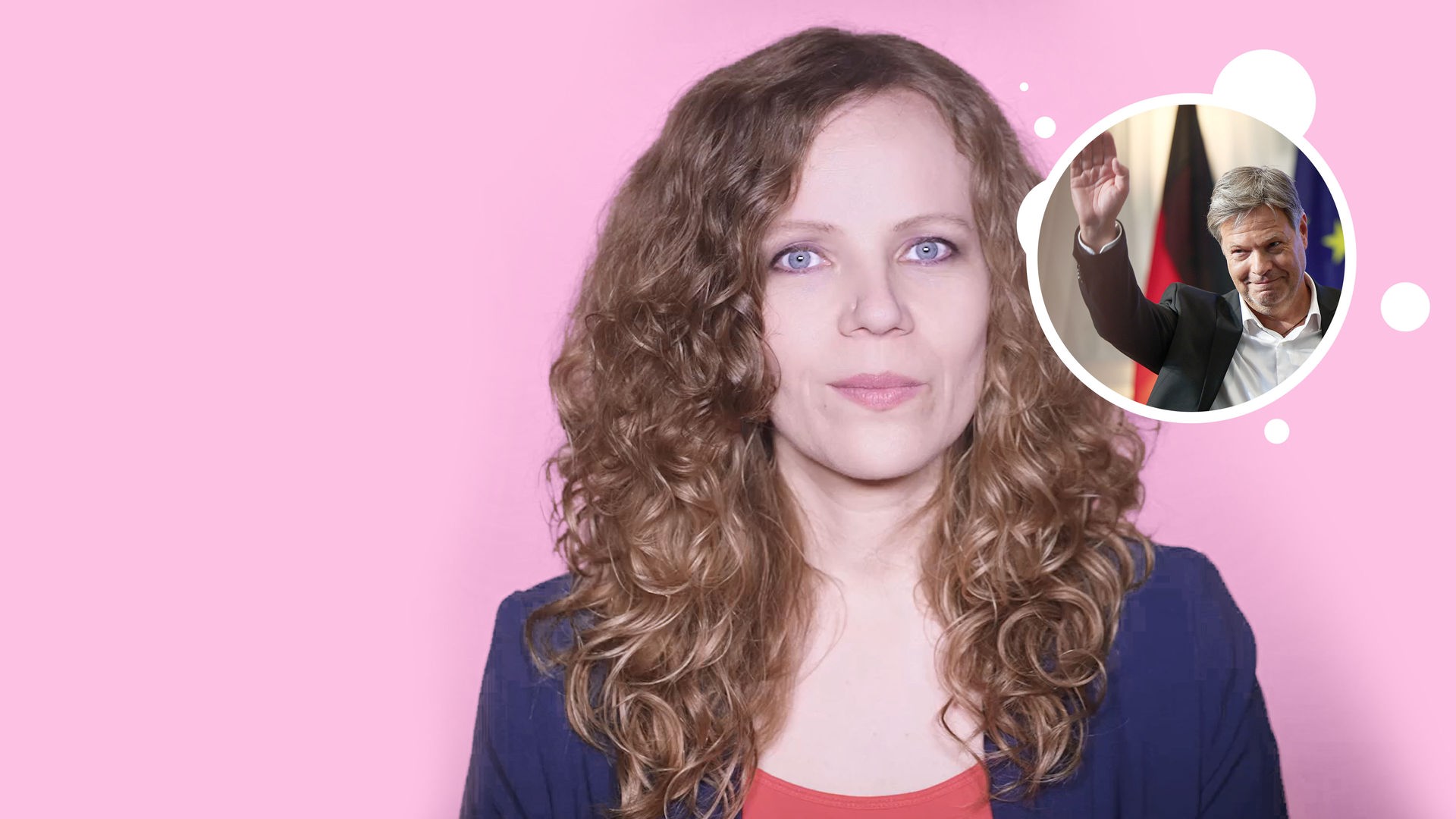 Sarah Bosetti befindet sich vor einem rosa Hintergrund. Rechts von ihr in einer Blase ist Robert Habeck abgebildet.