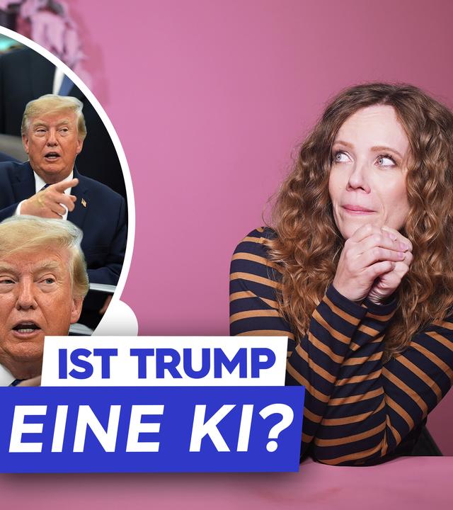 Sarah Bosetti sitzt rechts im Bild an einem rosa Tisch vor einem rosa Hintergrund. Links in einer Blase ist Donald Trump mehrmals abgebildet. Darunter steht "Ist Trump eine KI?"