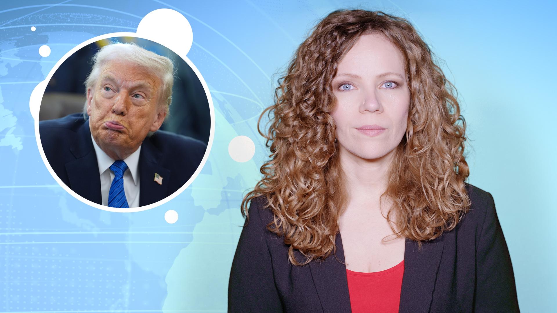 Sarah Bosetti befindet sich vor einem blauen Hintergrund in einem typischen Nachrichten-Design. Links von ihr in einer Blase ist Donald Trump abgebildet.