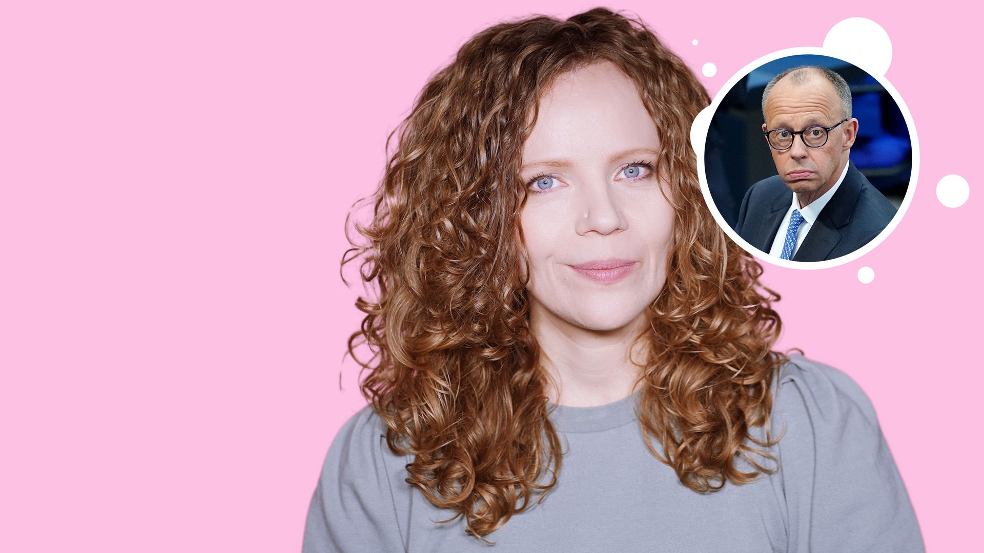 Sarah Bosetti befindet sich vor einem rosa Hintergrund. Rechts von ihr in einer Blase ist Friedrich Merz abgebildet.