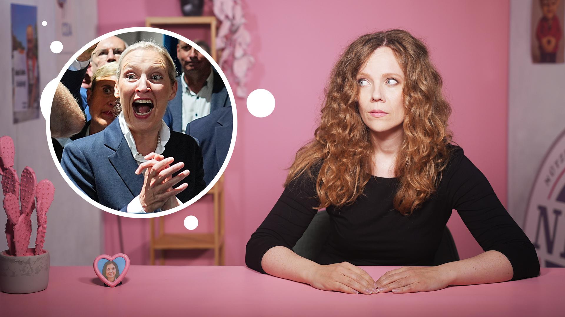 Sarah Bosetti sitzt an einem rosa Tisch vor einem rosa Hintergrund. Links von ihr in einer Blase ist eine jubelnde Alice Weidel zu sehen.